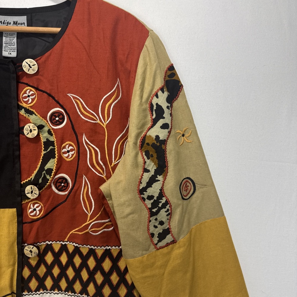 VTG Indigo Moon Patchwork Embroidered Wearable Art Jacket‎ Womens 1X Multi Color - Picture 7 of 11